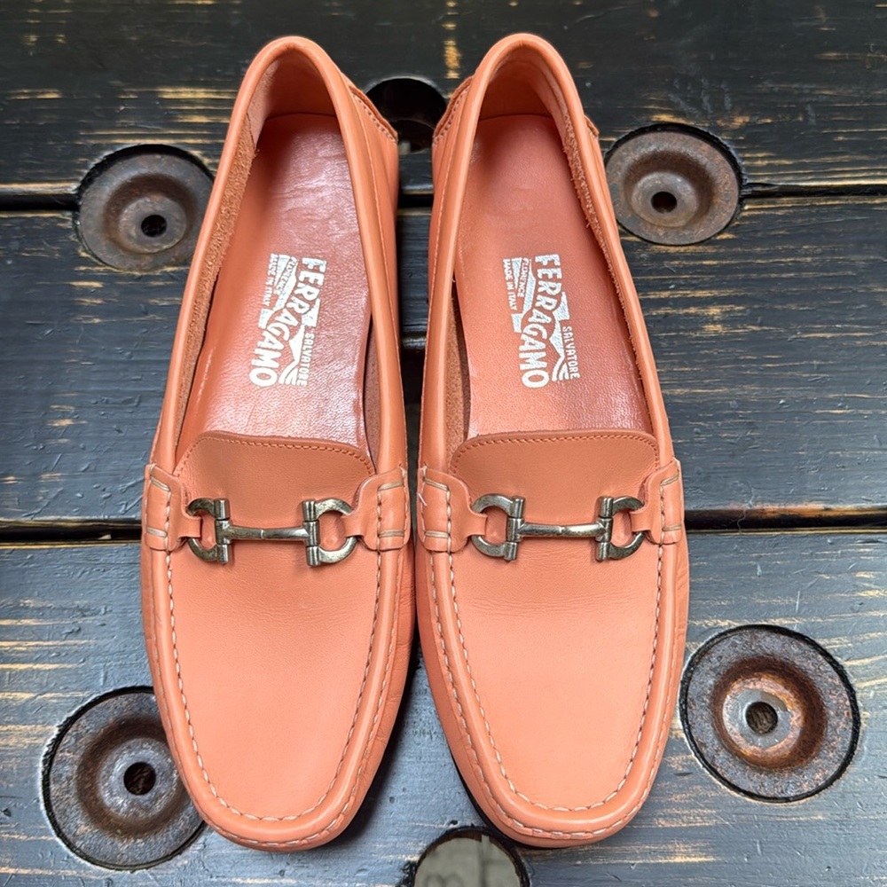 Ferragamo Odelia Orange Driver Flats with Silver Horsebit Signature Accents